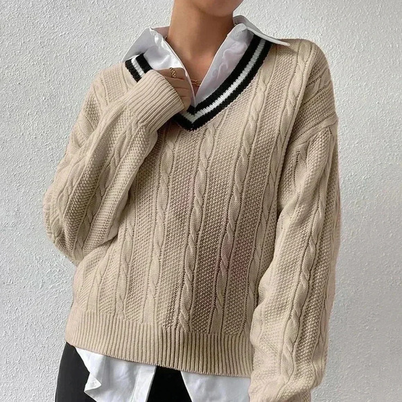 Khaki Casual Women's Striped Trim Drop Shoulder Cable Knit Sweater - Picture 3 of 5